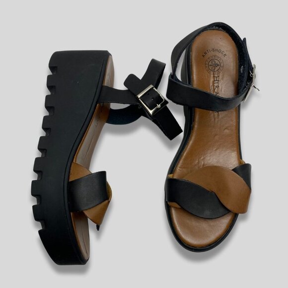 HERA SOFT Chunky Black & Brown Leather Platform Sandals Anti-Shock Sole Size 41 - Picture 1 of 7